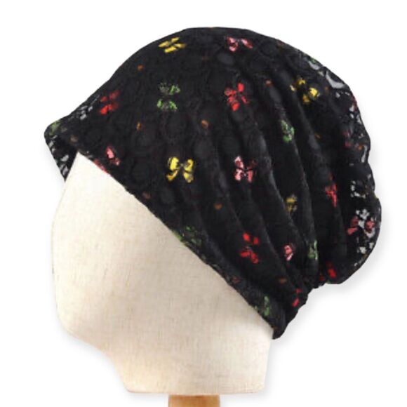 Black Hollow Out Lace Colorful Bows Turban Hat - NEW - Picture 1 of 4